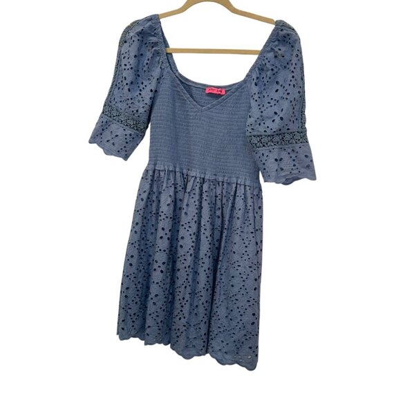 betsey johnson rich light blue eyelet smocking Baby Doll Dress Y2K M - Picture 1 of 4